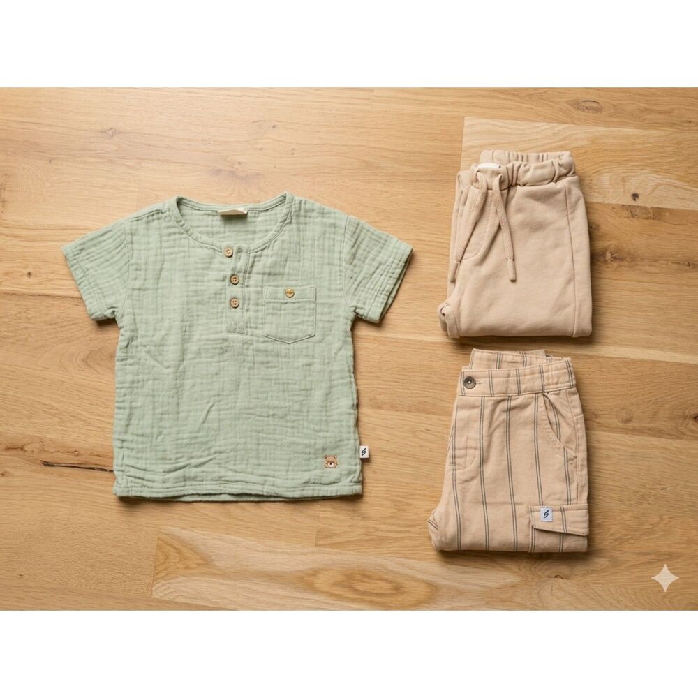 Easy Peasy Toddler Boy Set 2T Green Muslin Henley Striped Cargo Jogger Pants